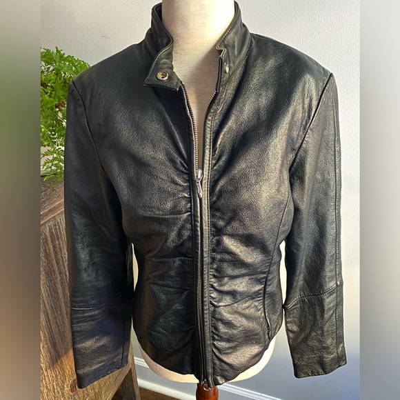 Vtg Wilsons Leather Maxima Ruched Moto Y2K Leather Jacket Women's Medium Black - Picture 1 of 15